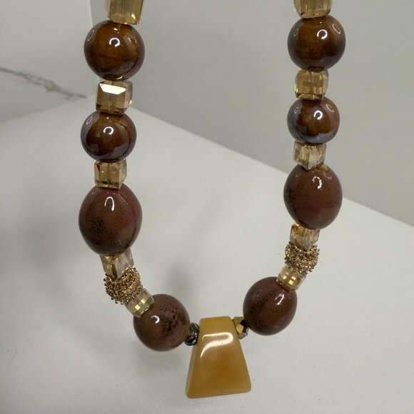 Vintage Statement  Necklace Semi Precious Stones Crystals Beige Brown Burgandy - Picture 6 of 8
